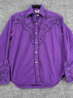 Rods‎ Western Shirt Mens Medium Purple Embroidered Floral Long Sleeve Button Up